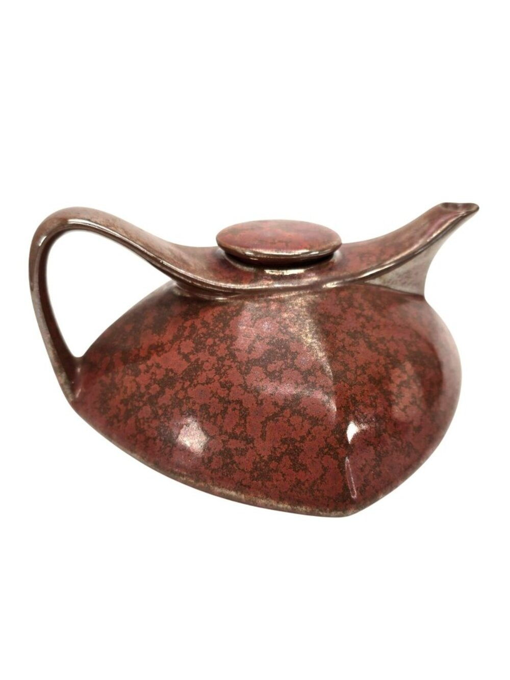 Vintage Mid-Century Modern Teapot Brown Ceramic Angular Speckled Retroneu  JE109